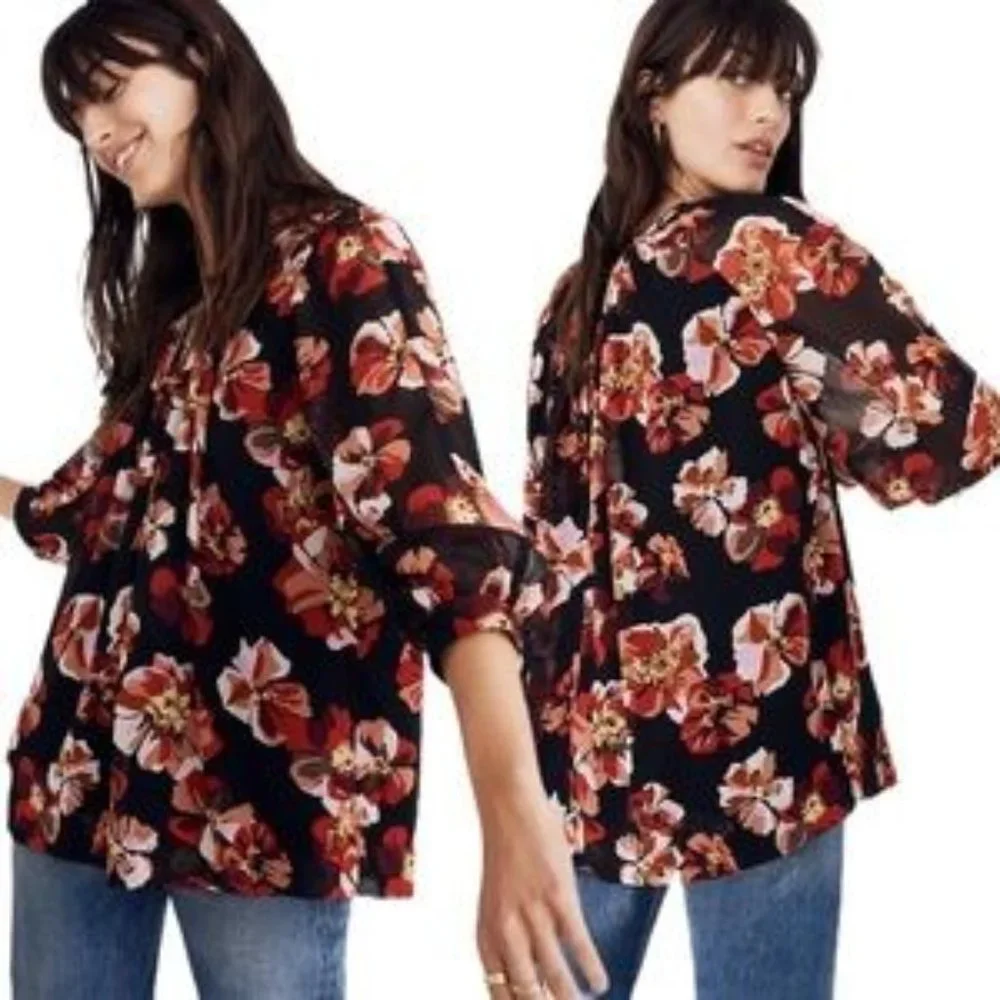 Madewell Tie Back Bubble Sleeve Floral Top Size Medium Red Black and White